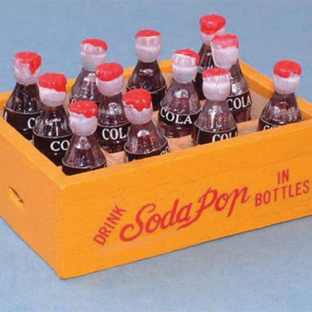 Miniature Dollhouse Soda Pop Bottles in Wooden Yellow Crate
